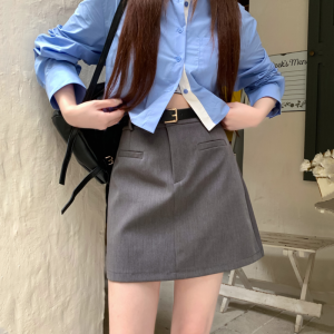 Gray Suit Style High Waist A-Line Mini Skirt Casual Versatile Korean Version Autumn Sensation Elegant All-Match Short Skirt