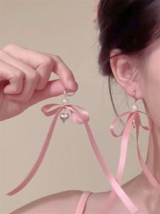 Zoozmini Korean Style Ribbon Bowknot Heart Bell Stud Earrings Female Special-Interest Design Sterling Silver Needle Earrings Earrings