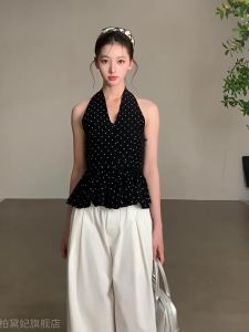 BAIDAIFEI | Black Halter Dots V-Neck Sleeveless Camisole Top for Slimming