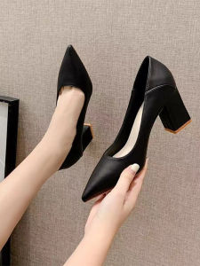 ฤดูใบไม้ผลิ/ฤดูใบไม้ร่วง 2024 สไตล์เกาหลีสไตล์ใหม่ตื้นชี้รองเท้าส้นสูงสําหรับผู้หญิงที่มีแพลตฟอร์มหนาสีดํารองเท้าทํางานมืออาชีพ