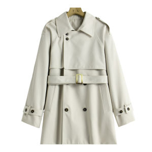 เสื้อแจ็คเก็ตทรงเข้ารูปสไตล์อังกฤษฤดูใบไม้ร่วง กระดุมคู่ สายรัดเอว เสื้อคลุมยาวปานกลาง ผ้าโพลีเอสเตอร์ แขนยาว