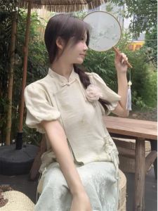 New 2024 Summer Chinese Style Water Ink Print Short Sleeve Shirt Half Skirt Two Piece Set Womens Elegant Fashion Ensemble