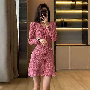 V-Neck Knitted Dress Slim Fit A-Line Skirt Pink French Style Base Sweater Dress High Waist Knitwear Retro Button Detail Tea Break Skirt