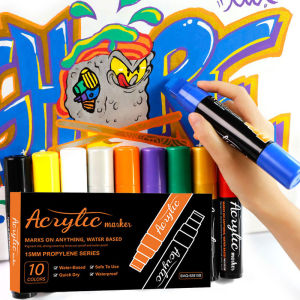 ปากกาเมจิกสีอะคริลิคขนาดใหญ่ 10 สี หัวปากกาขนาด 15 มม. สำหรับระบายสีหิน เซรามิก แก้ว ไม้ ผ้าใบ งาน DIY ลายกราฟฟิตี