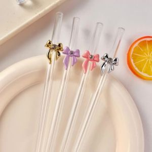 1/5PCS Reusable Bent Transparent Glass Straw Set Four-Color Bow Design Perfect for Drinks Home Kitchen Decor Gift