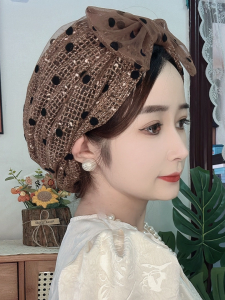 New Polka Dot Net Butterfly Knot Double Layer Casual Versatile Face Shaping Womens Hat Headscarf Cap round Top No Brim All Seasons