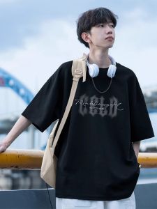 เสื้อยืดคอกลมแขนสั้นผ้าฝ้ายแท้สีดำ ทรงหลวม ลำลอง แฟชั่นฤดูร้อน สำหรับผู้ชาย เสื้อตัวบน ทรงหลวม แฟชั่นวัยรุ่น