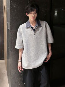 JIARONG | Fake Two Pieces Short Sleeve T-Shirt College Style Half Zipper