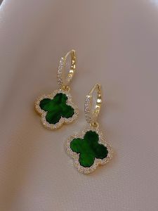 Elegant Green Four-leaf Clover Ear Rings for Women Silver Needle Clip-on Earrings Fashionable Luxury DIY Home Fabric Crafts