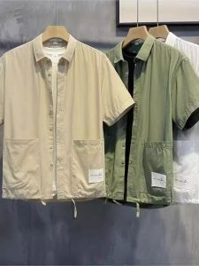 Loose Fit Mens Short Sleeve Shirt Vintage Japanese Style Artistic Casual Breathable Summer Fashion Double Pocket Trendy