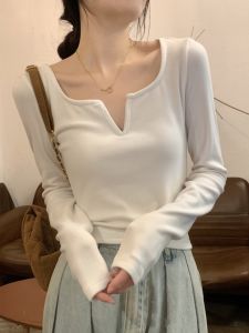 เสื้อยืดคอโปโลแขนยาวแบบหนาสำหรับผู้หญิงในฤดูใบไม้ร่วงและฤดูหนาว ทรงเข้ารูป เส้นใยโพลีเอสเตอร์ 100% คอกลม