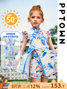 Girls Swimming Suit Childrens New Chinese Style Sun Protection Swimwear Set Sweet Swimsuit Nylon Fabric Summer 2024 New Arrival