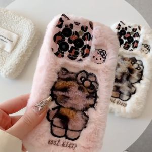 Soft Cartoon Fluffy Hello Kitty Plush Cat Ears Phone Case For iPhone 16 15 14 13 12 11 Pro Max Plus Warm Winter Furry Fur Cover