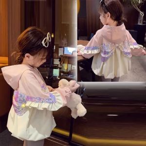 Sequins Girls Trench Coat Children Spring Fashion Jacket Pincess Bow Hooded Outerwear New Kids Autumn Casual Clothing 2-8 Years