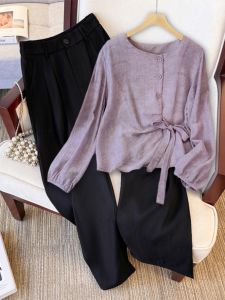 plus Size Autumn Outfit Purple Shirt And Pants Set Korean Style Commute High Waist Long Pants Fashionable Two Piece Set