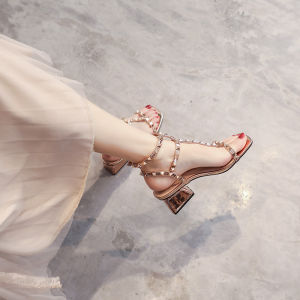 Fashionable Rivet Middle Heel Womens Sandals Summer New Style Fairy Wind High Heels Shoes Korean Version Pure Color Roman Shoes