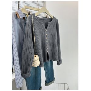 เสื้อสเวตเตอร์ถักคอวีไซส์ใหญ่ ทรงหลวม ทรงเข้ารูป แฟชั่นฤดูใบไม้ร่วง/ฤดูหนาว สำหรับผู้หญิง ผ้าถัก ผ้าขนสัตว์ ทรงหลวม แฟชั่น