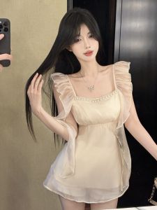 GUZILIAN | Áo sơ mi cổ vuông tay lỡ kiểu Pháp thanh lịch áo chui đầu ôm vừa vặn tay áo viền bèo nhún áo chui đầu cổ vuông đa năng