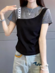 plus Size Womens Fashion Short Sleeve T-Shirt round Neck Splice Design Slimming Effect Summer New Style Korean Commute Style