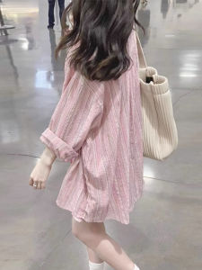 Pink Striped Shirt Jacket Womens Casual Loose Fit Long Sleeve Button up Design Sensation Niche Style Autumn Winter French Style Shirt