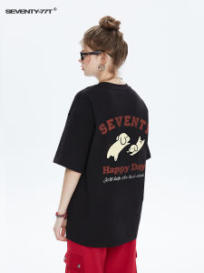 Retro American Letter Dog Short Sleeve Womens T-shirt Summer New Pure Cotton round Neck Couples Design Sense Top