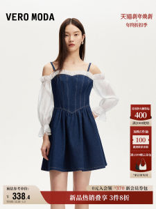 Vero Moda Summer 2025 A-Line Skirt Dress Cute Style Splicing Chiffon Denim Short Sleeve Natural Waist City Commuting Dress