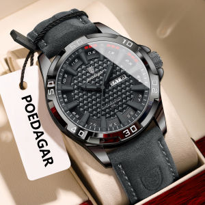 POEDAGAR Original Men Watch Luxury Waterproof Luminous Date Week Watch For Man Quartz Leather Fashion Mens Watches Reloj Hombre