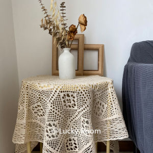 Hand Knitted Cotton Tablecloth with Hollow Design Baking Table Cover Country Style round Tablecloth Floral Pattern Home Textile