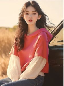 เสื้อสเวตเตอร์ฮู้ดคอกลมแขนยาวผ้าคอตตอนสไตล์เกาหลีสำหรับผู้หญิง ฤดูใบไม้ร่วง 2024 ทรงหลวม ลายตัดต่อ 2 ชิ้น แฟชั่นสตรีท