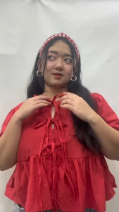 Qiqi  Rocky (S-4XL) Front Self Tie Ribbon Peplum Top (Cotton Linen) 2523