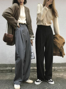 American Style High Street Womens Grey Black Straight Leg Wide Leg Pants Commute Casual Trousers Korean Version Long Pants