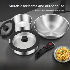316 Stainless Steel Wok with Detachable Handle Kitchen Utensils Set Non-coated Fried Pan Three-piece Set for Home Use