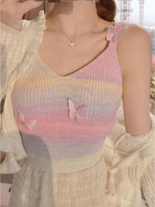 Butterfly Striped Contrasting Color Camisole Vest Sweet Style Slim Fit Thin Model Regular Length Spring Season Ladies Vest