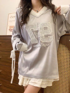 Ballet Style V-Neck Sweatshirt Womens Shoulder Insertion Embroidered Lace Letter Print Loose Fit Long Sleeve Autumn New Arrival