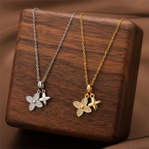 Fashionable Titanium Steel Necklace with Micro-Set Double Four-Leaf Clover Pendant Gold Plated Real Gold Color Preservation Ladies Clavicle Chain