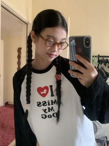 American Retro Shoulder Sleeve T-Shirt Womens Loose Fit Long Sleeve Casual Style Printed Cotton Top for Early Autumn