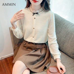 AMMIN Áo Cánh Ren Dài Tay Thiết Kế Thêu Hoa Ba Chiều Cá Tính Cổ Tròn Viền Bèo Ép Thời Trang Xuân Thu Mới 2023 Áo Cánh Nữ Thanh Lịch Thêu Hoa Ba Chiều Phong Cách Hàn Quốc