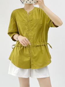 Huiyige Summer Womens Short-Sleeved Shirt Pure Color All-Matching Shirt K-style Loose Casual Drawstring Waist Trimming Shirt Tops