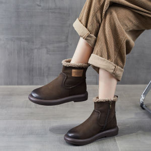 Womens Flat Bottom Snow Boots Handmade Fleece Lined Lamb Fur Short Boots Warm Cotton Boots Comfortable round Toe Low Heel