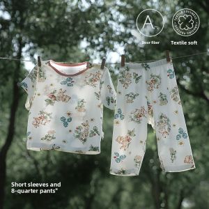 UIN BABY | Bamboo Cotton Summer Lightweight Short Sleeve 3/4 Pants Childrens Sleepwear Set