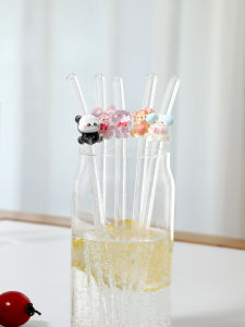 หลอดแก้วงอแบบใช้ซ้ำได้ 1/5 ชิ้น ลายแพนด้า/กระต่าย/แมว/สุนัข สำหรับกาแฟเย็นและเครื่องดื่มฤดูร้อน งานปาร์ตี้ริมชายหาด และร้านขนมหวาน