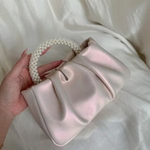 Women Elegant Pearl Handle Dinner Clutch Handbags Luxury Bright Silk Evening Shoulder Bag Ladies Small Pleated Cloud Bag