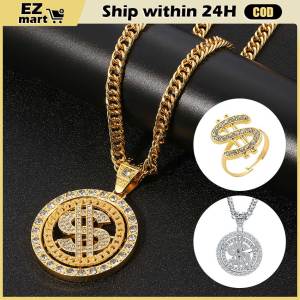 Fashion Dollar Pendant Necklaces Men Hip Hop Jewelry Gold Long Chain Big Necklace Steampunk Rhinestone Ring Necklace Gift Rotatable Money Sign Ring for Men Rapper Hip Hop Punk