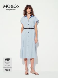 MO&Co. | Shirt Style Dress with Belt 3D Tailoring Roll Sleeve High Waist Pleated