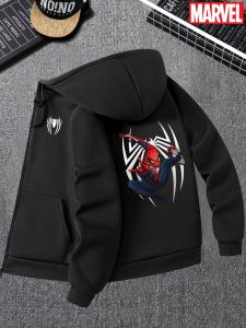 เสื้อฮู้ดซิปสีดำสำหรับผู้ชาย ลายกราฟิกสไปเดอร์แมนและโลโก้ที่แขนเสื้อ สไตล์ลำลอง ใส่เดินเล่นบนท้องถนนโดยแฟนๆ ซูเปอร์ฮีโร่