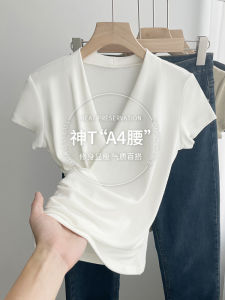 Slim Fit Short Sleeve V-Neck T-Shirt Womens Summer Fashion Design Waist-Cinching Top Thin Korean Style Pure Color Tee