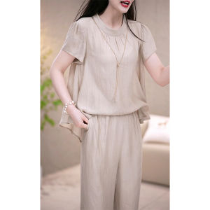 MAIMEI | Slimming High-End Short Sleeve Two-Piece Set For Women Summer 2025 Fashionable Wide Leg Pants Ensemble Elegant Mommy Suit