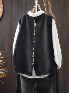 Áo Len Dệt Kim Cổ Tròn Màu Trơn Cotton Dáng Rộng Không Tay Áo Khoác Ngoài Mùa Xuân Thu Cho Nữ Áo Len Cardigan Phong Cách Cổ Điển