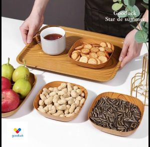 Goodluck 10pcs Plate Kitchenware Plastic wooden design Square Plate Dessert Snack Tableware Kitchen bowl dish Dinnerware