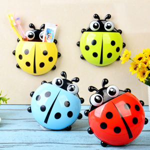 Amoki【Ready in Stock】 Ladybug Cartoon Toothbrush Holder Bathroom Toothbrush Toothpaste Wall Suction Holder Rack Container